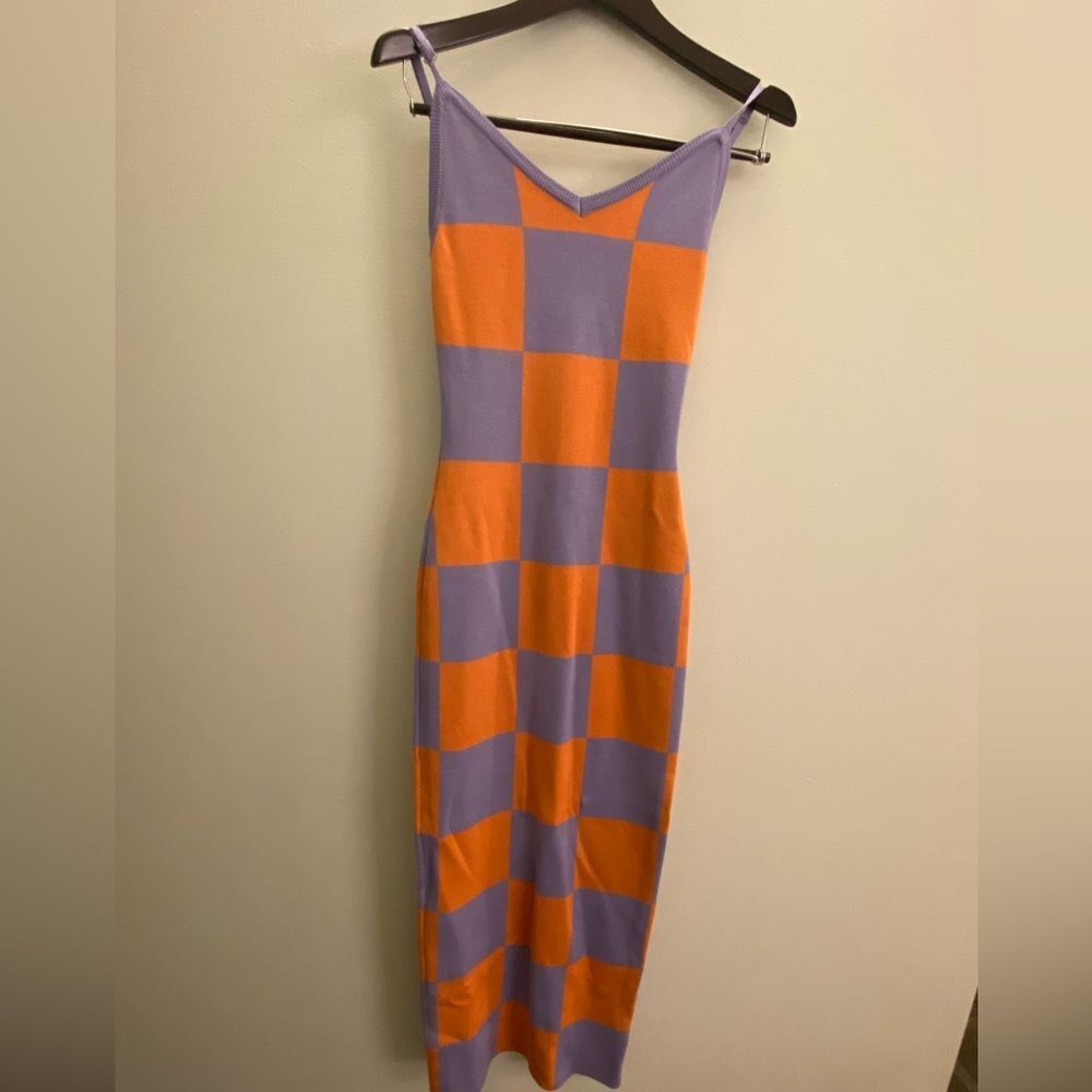 NWT AKIRA Orange and Purple Checkered Midi Dress small